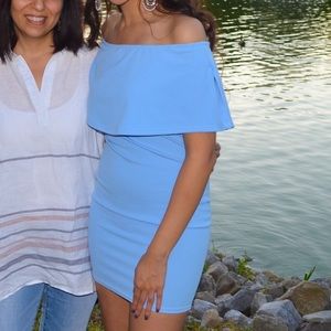 PRETTY LITTLE THING: Sky Blue Bodycon Off the Shoulder Dress - S/2